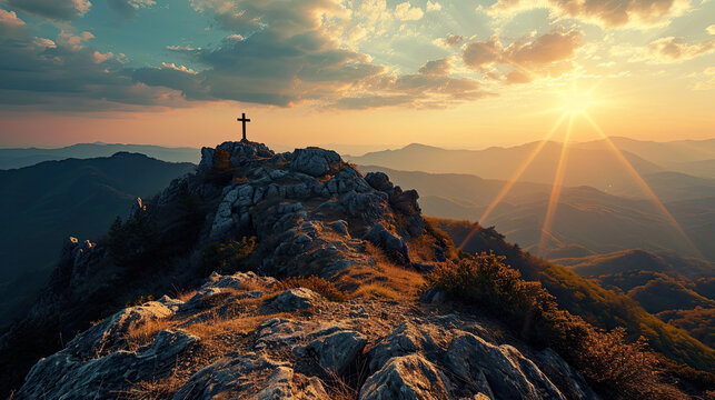 Cross on the top of the mountain with sunset background
