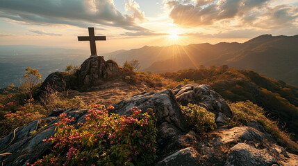Cross on the top of the mountain with sunset background - obrazy, fototapety, plakaty