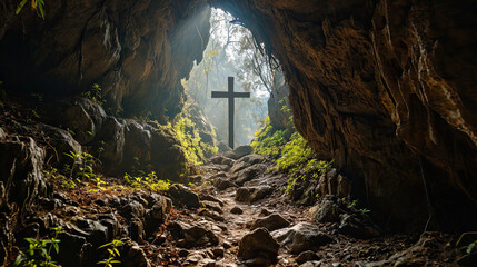 Cross on the end of a cave background.