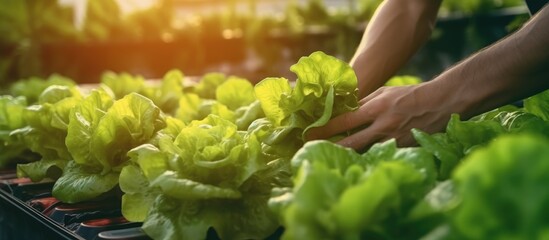 Cropped image of farmer working in hydroponic vegetable garden.