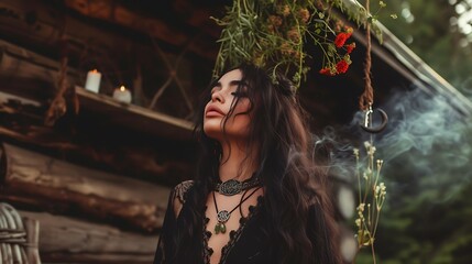 Beautiful gothic witch girl portrait, stock photography, spring equinox, ritual, goth, alternative woman, long hair, pretty face, in nature - obrazy, fototapety, plakaty
