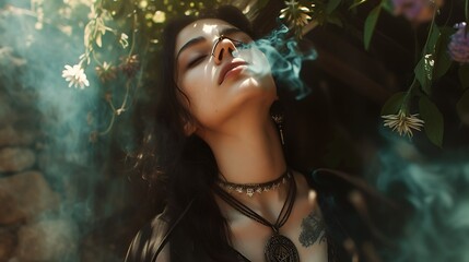 Beautiful gothic witch girl portrait, stock photography, spring equinox, ritual, goth, alternative woman, long hair, pretty face, in nature - obrazy, fototapety, plakaty