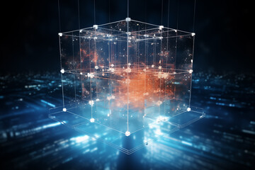 A glowing cube structure symbolizes a secure blockchain network, with a futuristic digital interface and a decentralized system. Business Concept.
