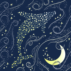 seamless pattern night sky with stars whale and moon