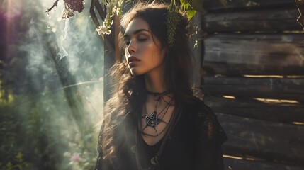 Beautiful gothic witch girl portrait, stock photography, spring equinox, ritual, goth, alternative woman, long hair, pretty face, in nature