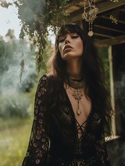 Beautiful gothic witch girl portrait, stock photography, spring equinox, ritual, goth, alternative woman, long hair, pretty face, in nature