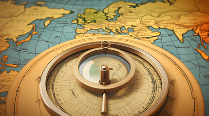 Fototapeta na wymiar Illustration of an analog compass and location marking on world map background, travel concept