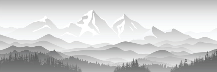 Black and white mountain landscape, panoramic view, vector illustration - obrazy, fototapety, plakaty
