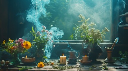 Esoteric spring Equinox ritual, magic mysticism, offering in nature - obrazy, fototapety, plakaty
