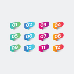 Vector Number Bullet Point 1 to 12 Colorful Label Ribbons Set