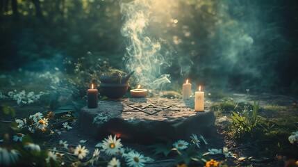 Esoteric spring Equinox ritual, magic mysticism, offering in nature - obrazy, fototapety, plakaty