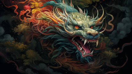 Obraz premium Fierce Dragon Amidst Mystic Smoke and Flames