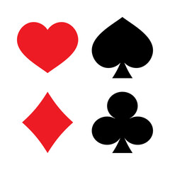 Four suits of playing cards in poker - hearts, diamonds, spades, clubs. Playing cards icons isolated on white background. Vector illustration.
