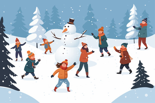 Happy people playing snowballs in winter
