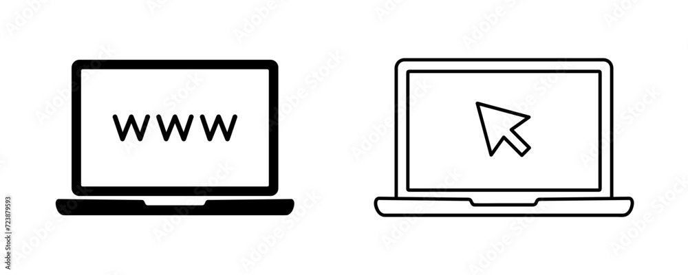 Fototapete Laptop computer icon. Notebook with pointer mouse arrow cursor clicking on screen. Computer icon. laptop icon. Online services, web design, e-commerce and marketing. Linear vector pictogram