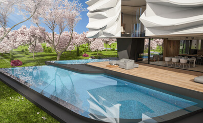 3d rendering of cute cozy modern house with bionic natural curves plastic forms with parking  and pool for sale or rent. Fresh spring day with a blooming trees with flowers of sakura