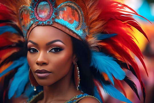 An enchanting woman dressed in a vivid carnival costume adorned with colorful feathers