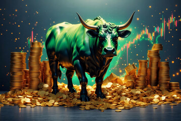 A bull surrounded by gold coins and charts in the background - obrazy, fototapety, plakaty