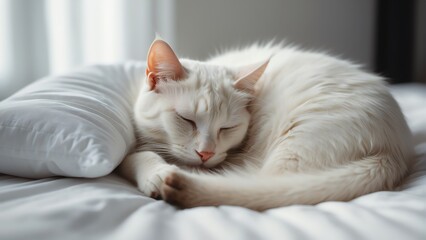 Cute white cat sleeping on a white bed from Generative AI