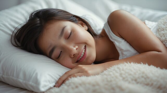 Cute girl smiling happily sleeping on a cozy white bed from Generative AI