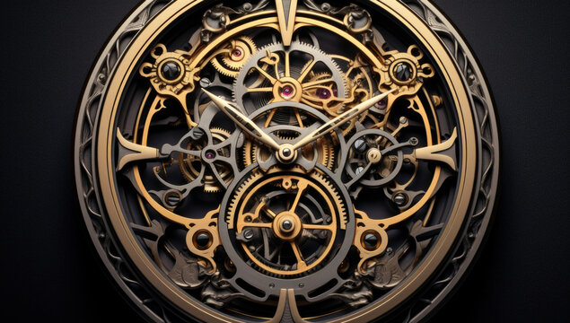 Mechanism, clockwork of a watch with jewels, close-up. Vintage luxury background. Time, work concept