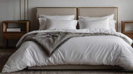 Fototapeta na wymiar Minimalist white bed with pillows and comforter duvet from Generative AI
