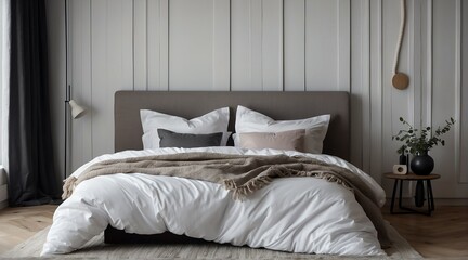 Minimalist white bed with pillows and comforter duvet from Generative AI