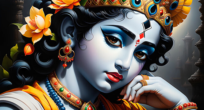 Portrait of lord Krishna in a temple. Digital painting style. 