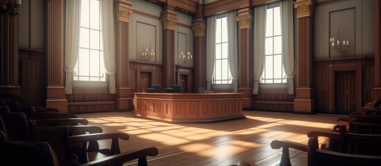 Empty courtroom or law court with a window in the foreground. - obrazy, fototapety, plakaty
