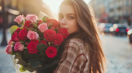 a girl with a large bouquet of red roses 

