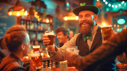 People celebrating St Patrick's Day in a pub - obrazy, fototapety, plakaty