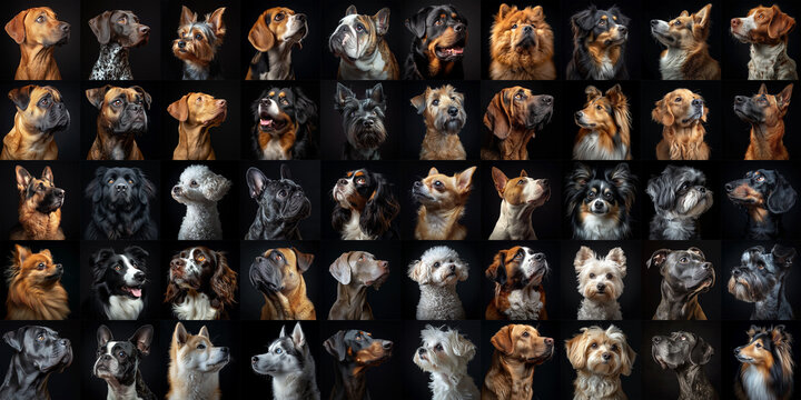 Collage of dog portraits before black background