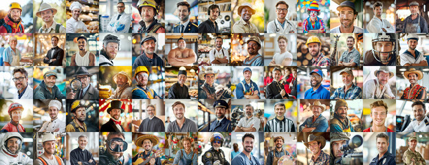 Panorama of workplace portraits of men as a career concept