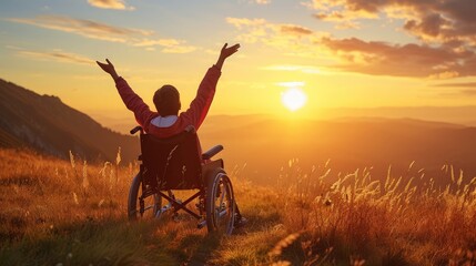 boy with raised hands up sitting on a wheelchair and enjoying sunset with mountains in the background.