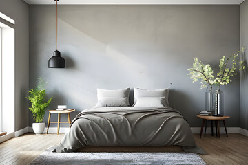 Minimalist interior background of bedroom with grey bed sheet
