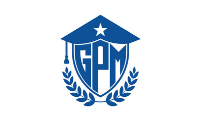 GPM three letter iconic academic logo design vector template. monogram, abstract, school, college, university, graduation cap symbol logo, shield, model, institute, educational, coaching canter, tech