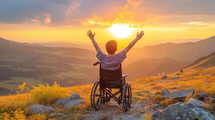 boy with raised hands up sitting on a wheelchair and enjoying sunset with mountains in the background.
