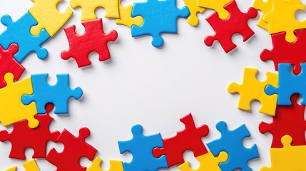 Blue, yellow, red pieces of puzzle frame on white background. World autism awareness day concept. Top view, copy space