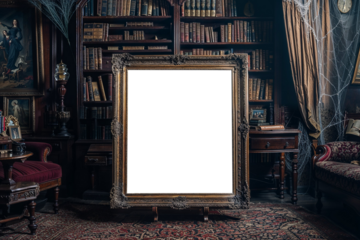 old antique big frame in front of an old bookcase with cobwebs  transparent png mockup