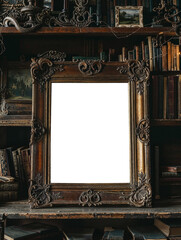 old antique big frame in front of an old bookcase with cobwebs  transparent png mockup