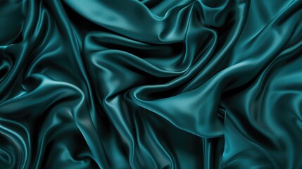 Obraz premium Dark teal green silk satin tight Soft wave. Shiny smooth fabric. Soft folds. Luxury background with space for design. web banner. Flat lay, top view table. Birthday