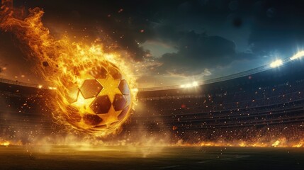 fiery soccer ball flying in a stadium full of spectators, night time