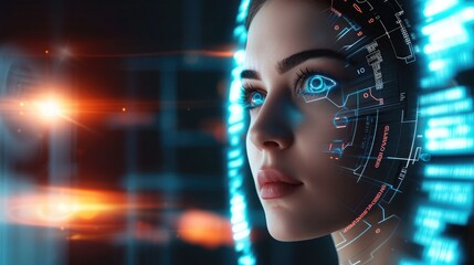 beautiful woman with on futuristic background. Artificial intelligence, people and technology concept.