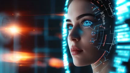 Poster Im Rahmen beautiful woman with on futuristic background. Artificial intelligence, people and technology concept. © buraratn