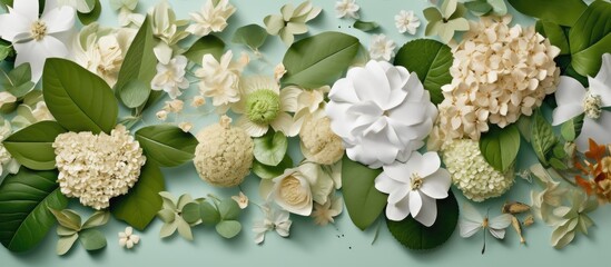 Flower background with white hydrangea flowers and green leaves