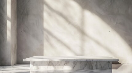 Obraz premium Marble Table with White Stucco Wall Texture Background with Light Beam and Shadow, Suitable for Product Presentation Backdrop