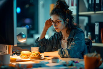 Young woman sitting in the office at night. Concept of overtime, burnout and unhealthy eating. - obrazy, fototapety, plakaty