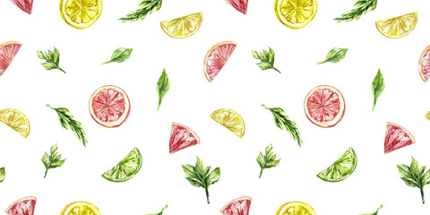 Seamless pattern watercolor fruits citrus lime lemon grape mint rosemary textile wrapping paper