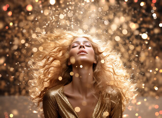 Woman in magic gold dress on golden glitter background, Closed eyes girl with curly blond lush hair, luxury and premium photography for advertising product design.