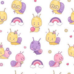 Seamless pattern with funny snail characters stickers